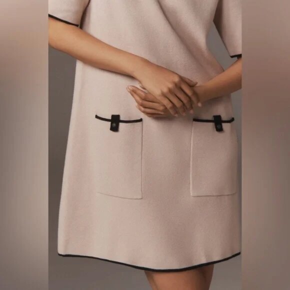 Anthropologie Annalise Mock-Neck Mini Sweater Dress by Maeve Creme/Black Medium - Picture 4 of 14